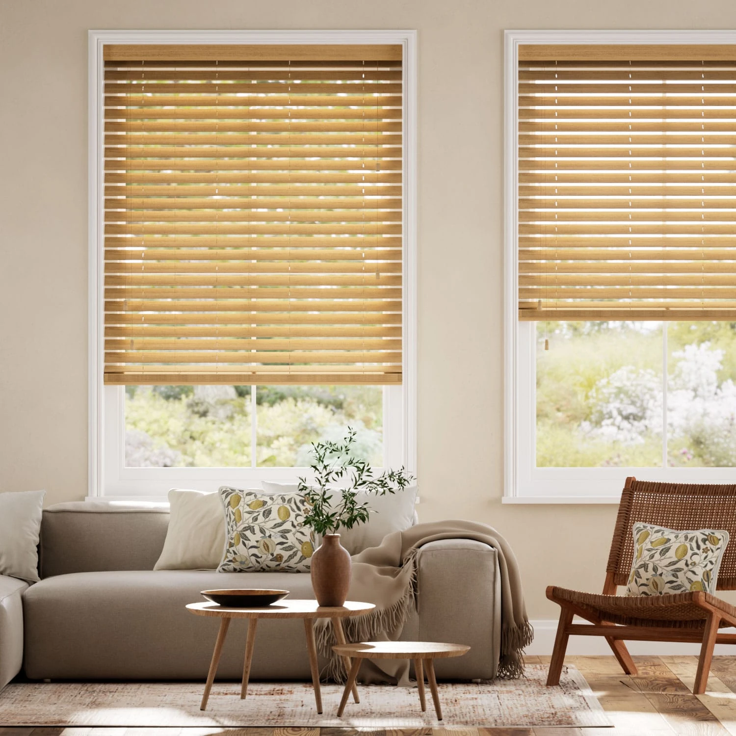 Oak wood blinds in an architectural interior