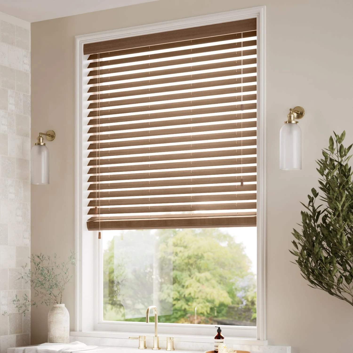 Walnut wood blinds in an architectural interior